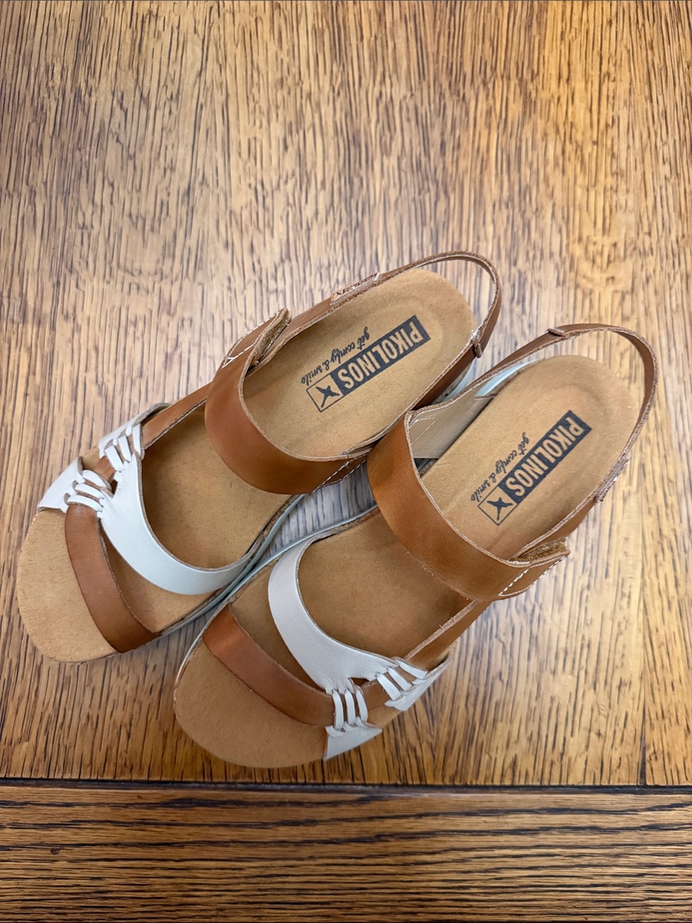 PIKOLINOS Brown and White Leather Slingback Sandals